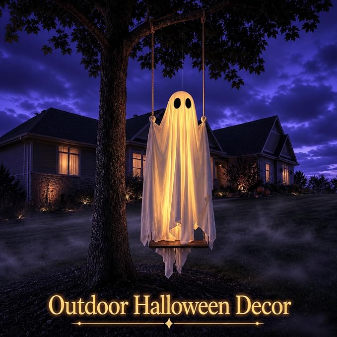 👻5FT Hanging Swing Ghost Decor | Remote String Lights・Waterproof Fabric
