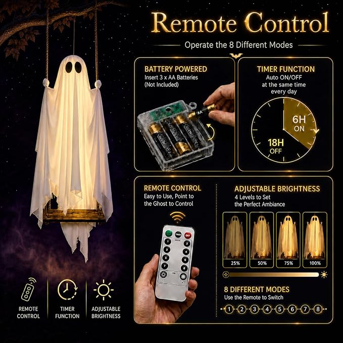 👻5FT Hanging Swing Ghost Decor | Remote String Lights・Waterproof Fabric