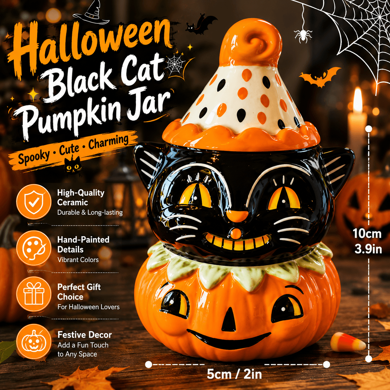 Halloween Vintage Black Cat Pumpkin Ceramic Candy Jar