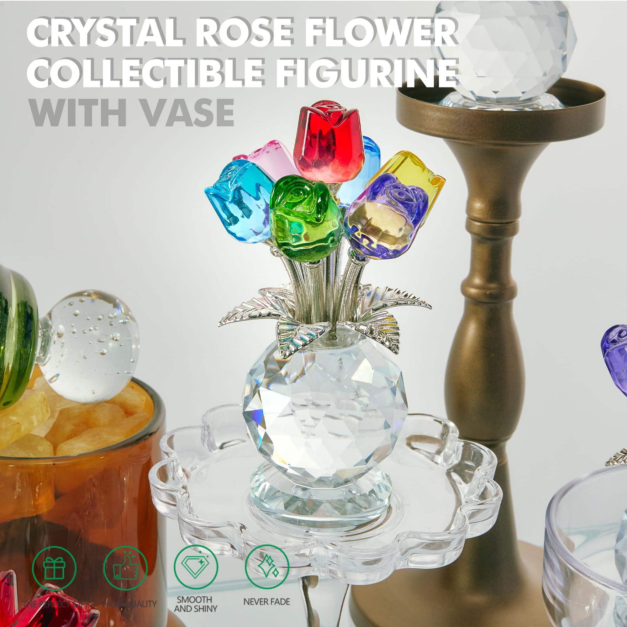 Crystal Colorful Rose Flower Collectible Figurine