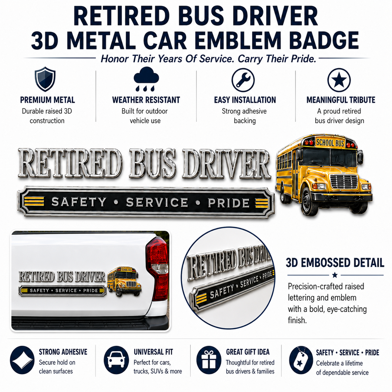 Retired Bus Driver 3D Metal Car Emblem Badge