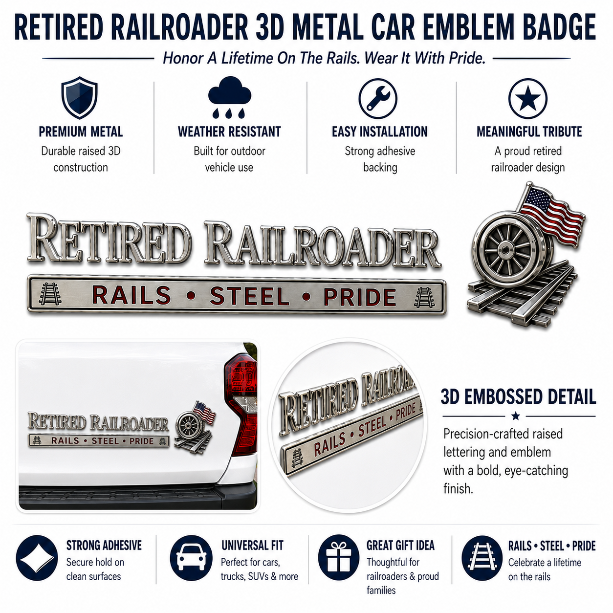 🚂 Retired Railroader Rails Steel Pride Metal Car Emblem Badge