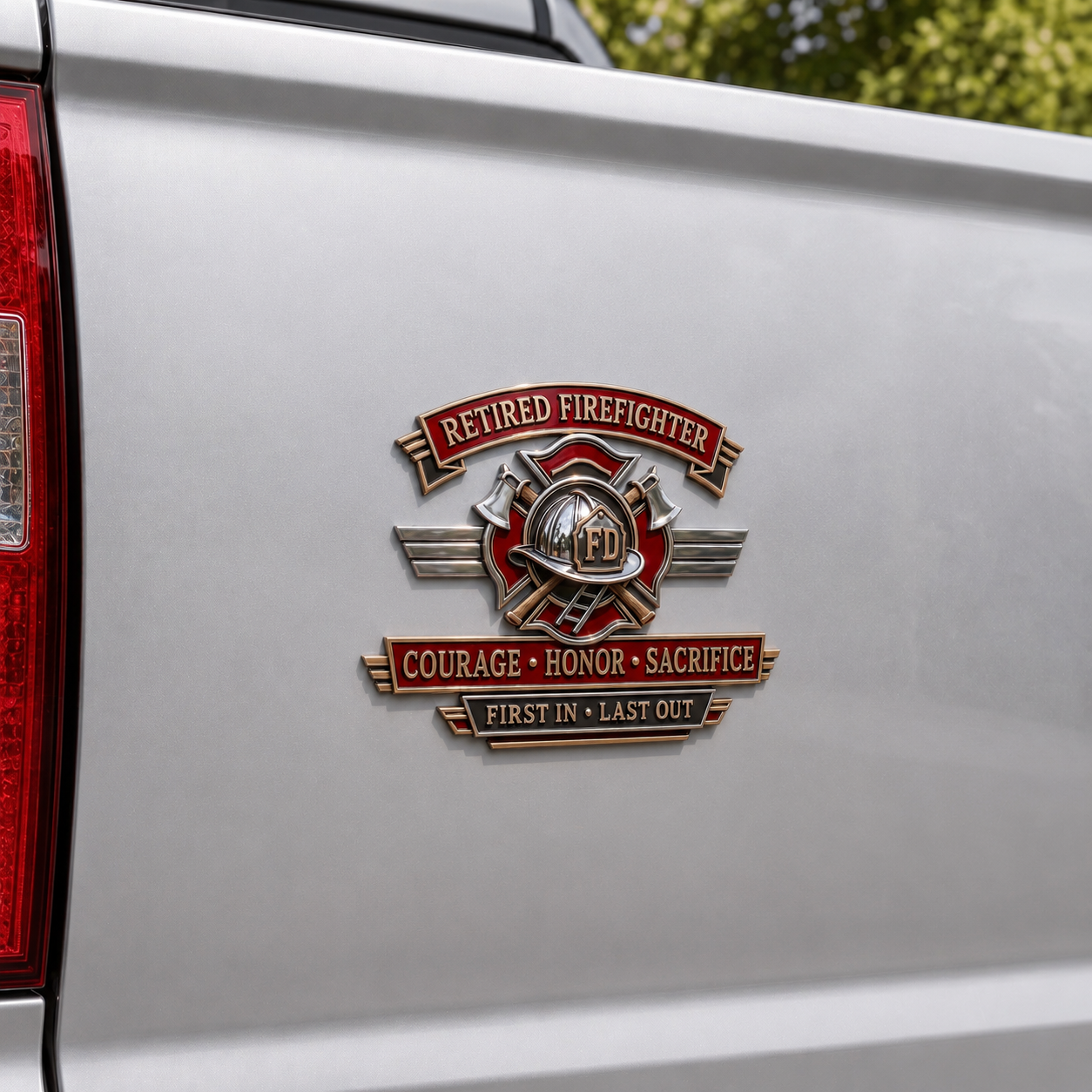 Premium Retired Firefighter Car Emblem Badge 3D Metal Vehicle Decal