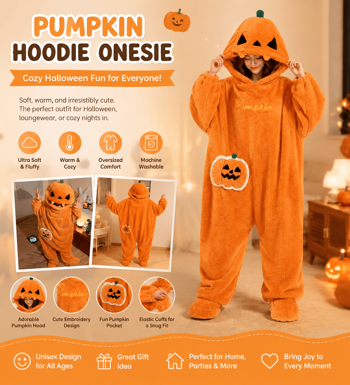 SpookSnug "The Jack Onesie" Halloween Pumpkin Oversized Plush Blanket Hoodie