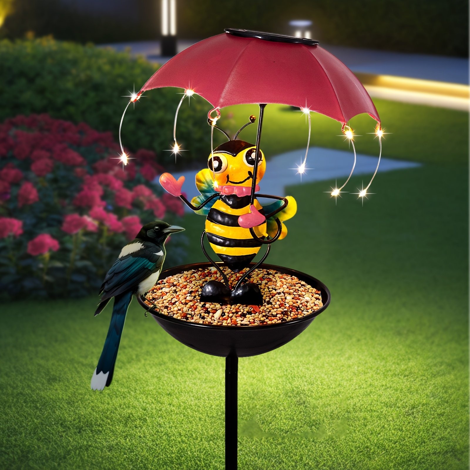 Solar-Powered LED Animal Umbrella Light with Bird Feeder