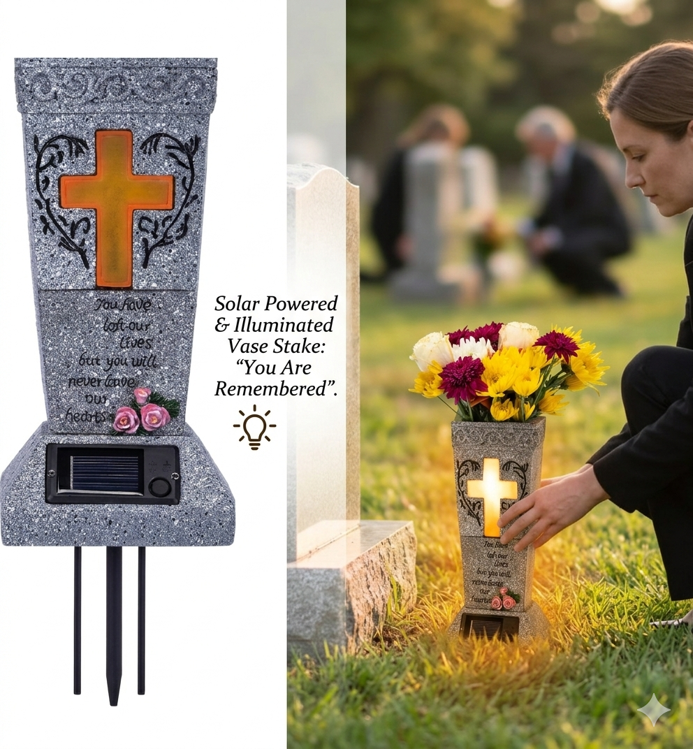 Solar Cemetery Grave Vase with LED for Fresh/Artificial Flowers Headstones Vases