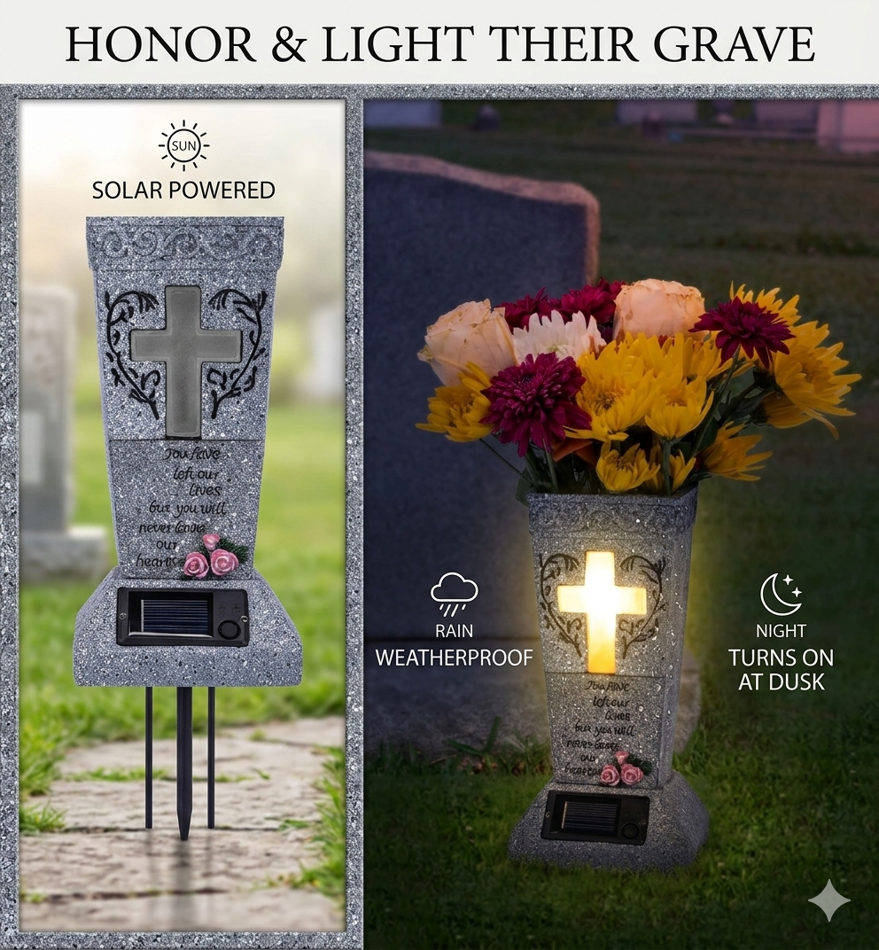 Solar Cemetery Grave Vase with LED for Fresh/Artificial Flowers Headstones Vases
