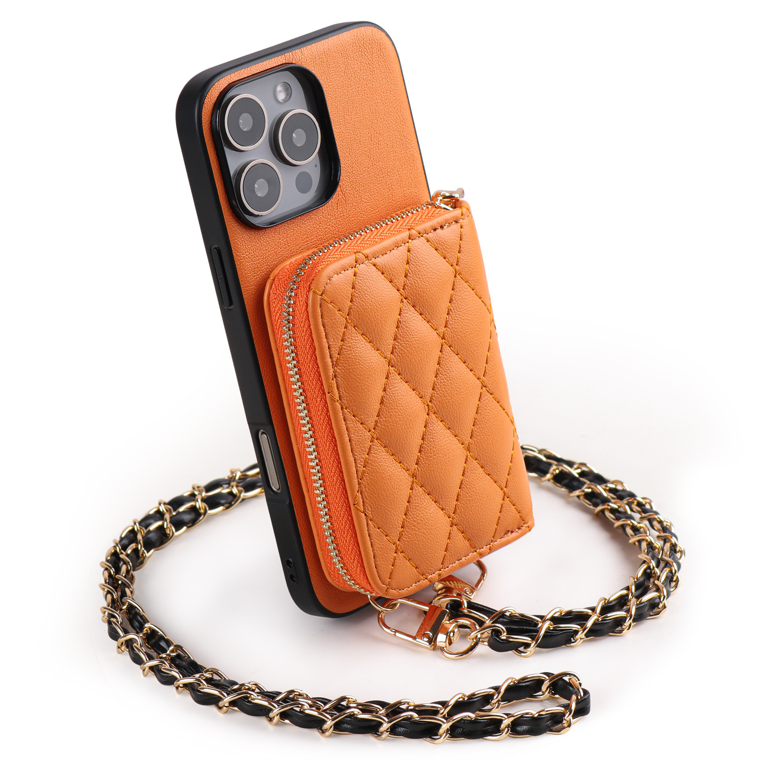 Leather Quilted Wallet Case｜RFID Blocking, Card Slot, Chain & Kickstand