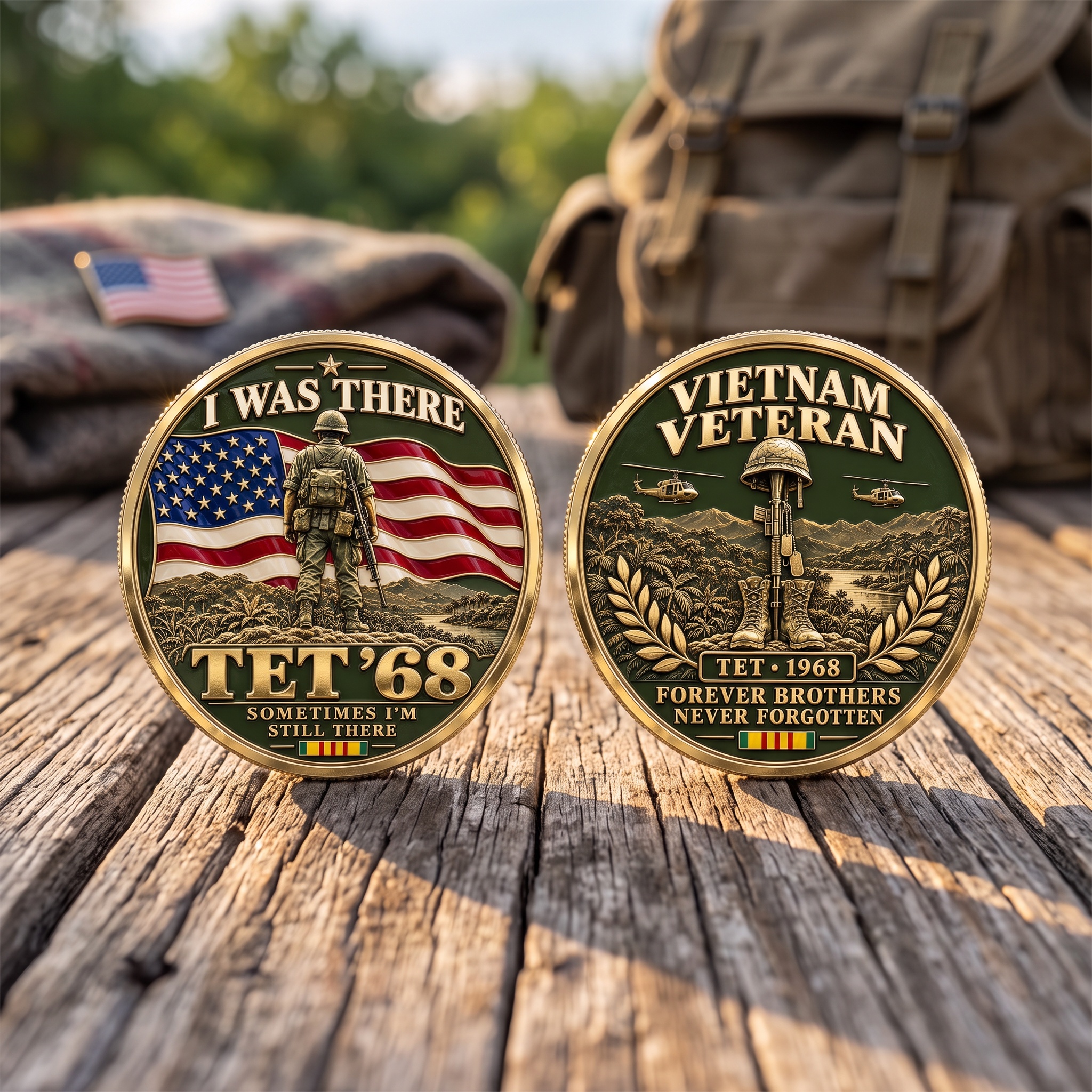 Both sides of Vietnam Veteran Tet 68 collectible medallion displayed on a wooden table