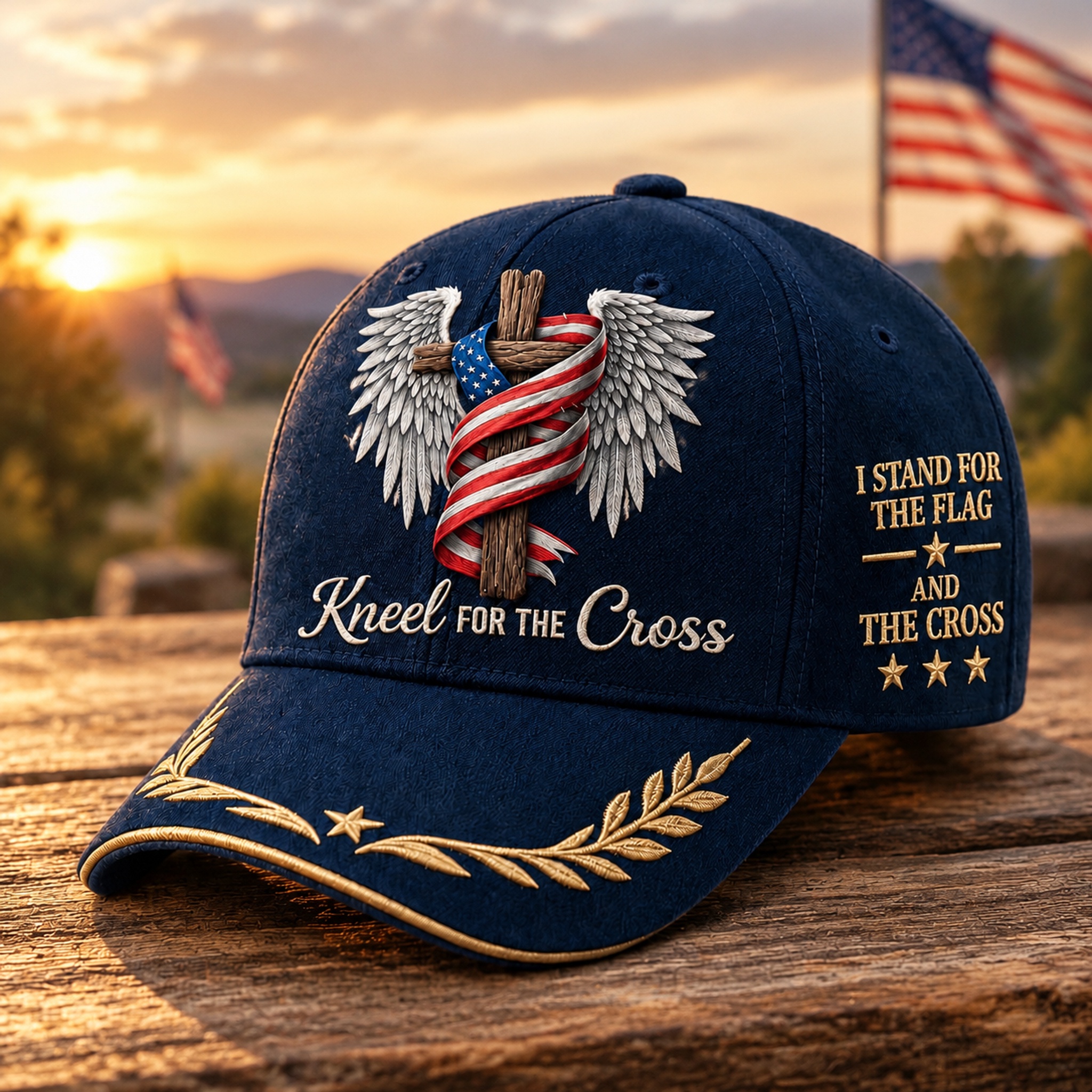 I Stand For The Flag, Kneel For The Cross | Patriotic Christian Wing Cross Baseball Cap