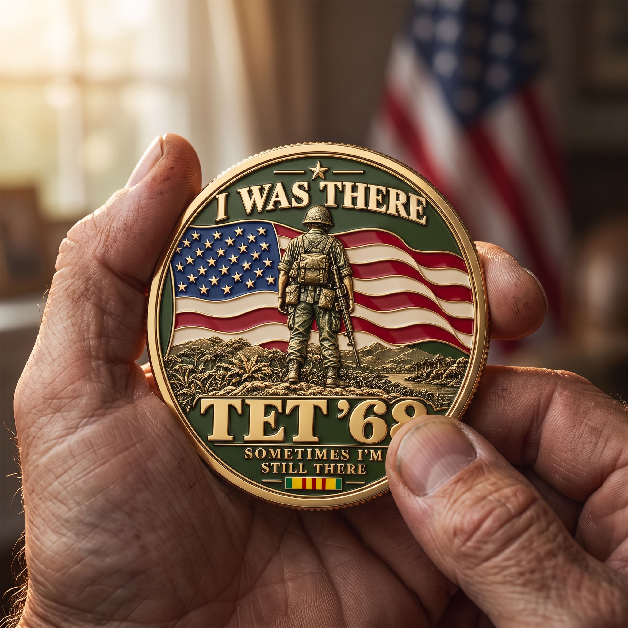 Veteran's hands holding the front side of the I Was There Tet 68 commemorative coin