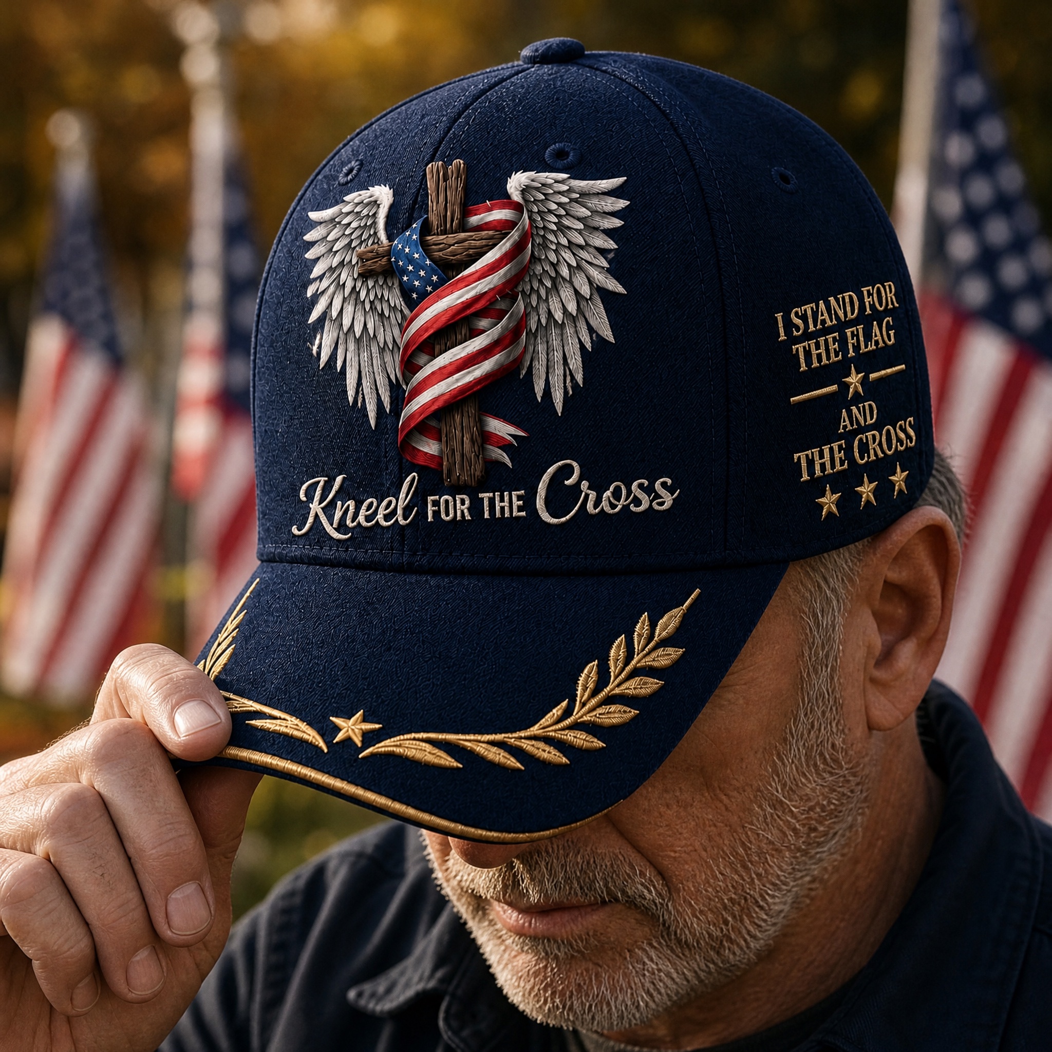 I Stand For The Flag, Kneel For The Cross | Patriotic Christian Wing Cross Baseball Cap
