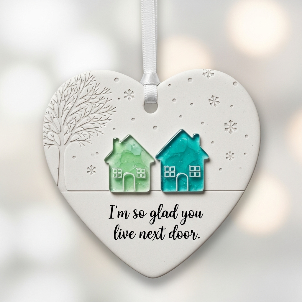 "I'm so glad you live next door" Christmas heart-shaped ornament