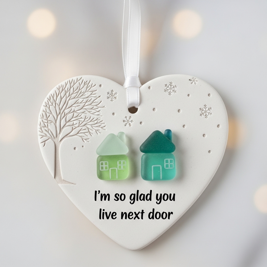 "I'm so glad you live next door" Christmas heart-shaped ornament