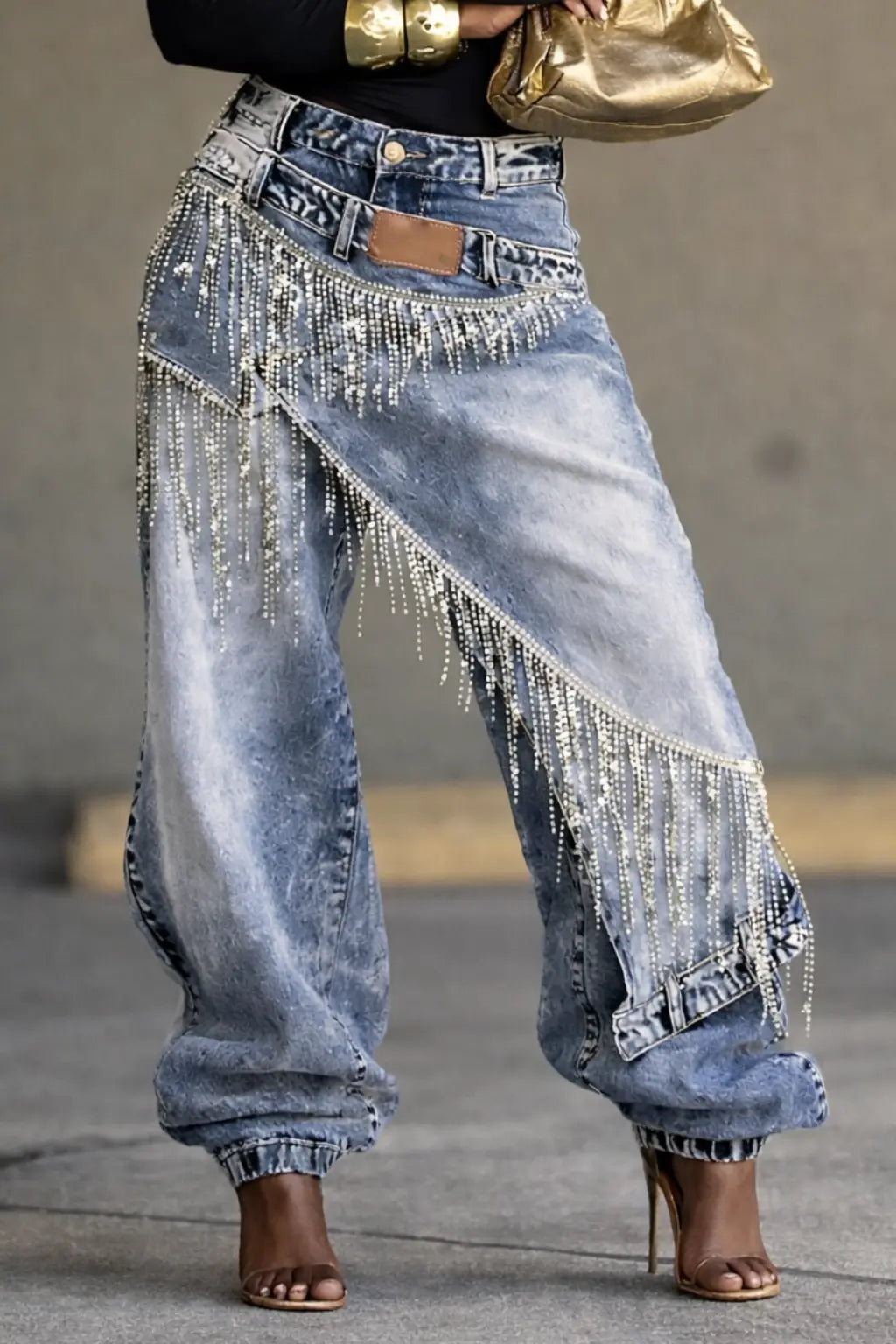 Rhinestone Tassel Faux Two-piece Jeans
