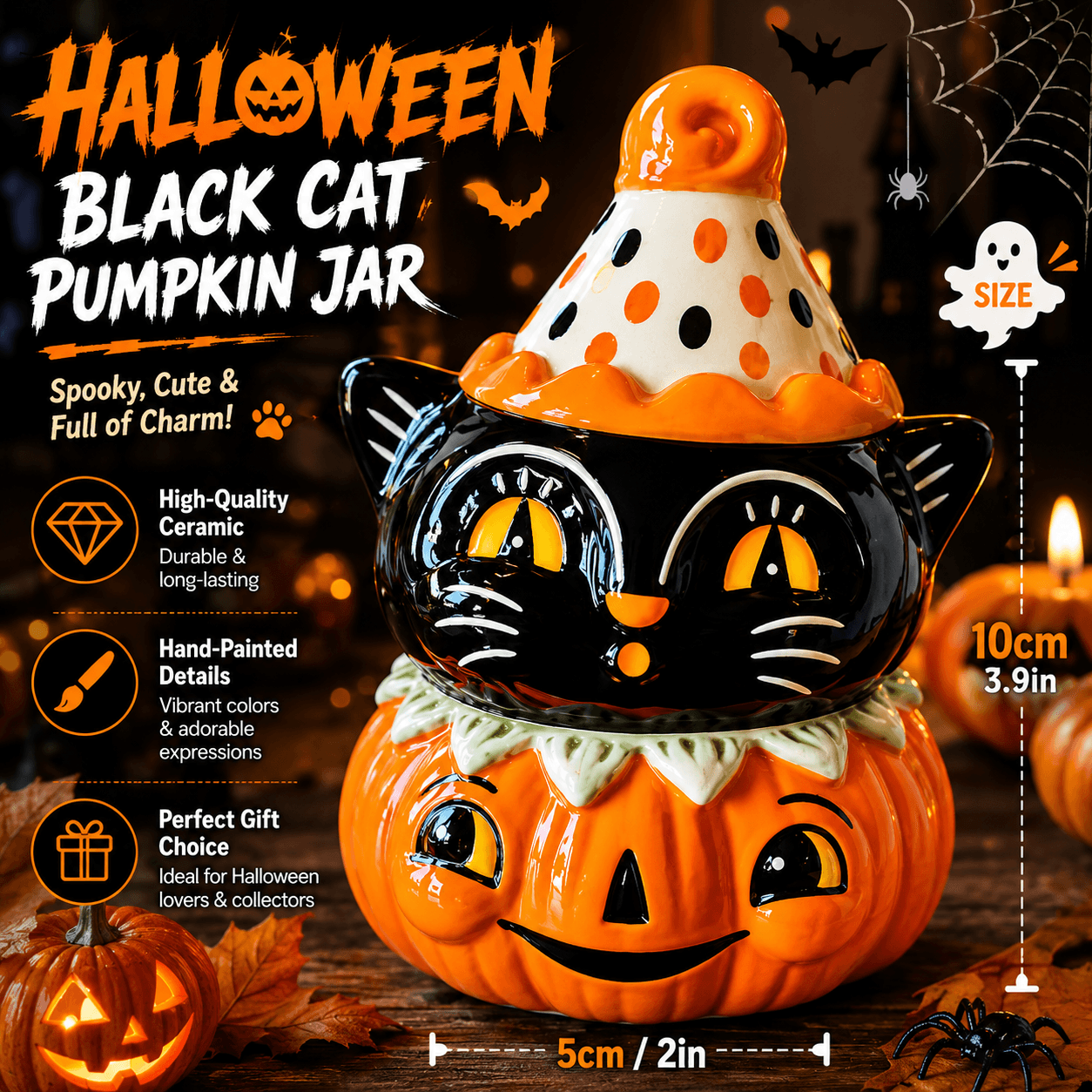 Halloween Vintage Black Cat Pumpkin Ceramic Candy Jar