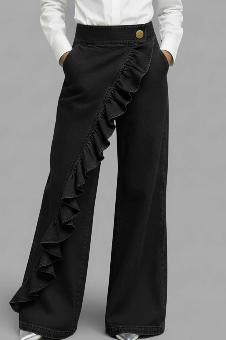 Women's Denim Asymmetric Ruffle Trim High Waist Pocket Wide Leg Jeans