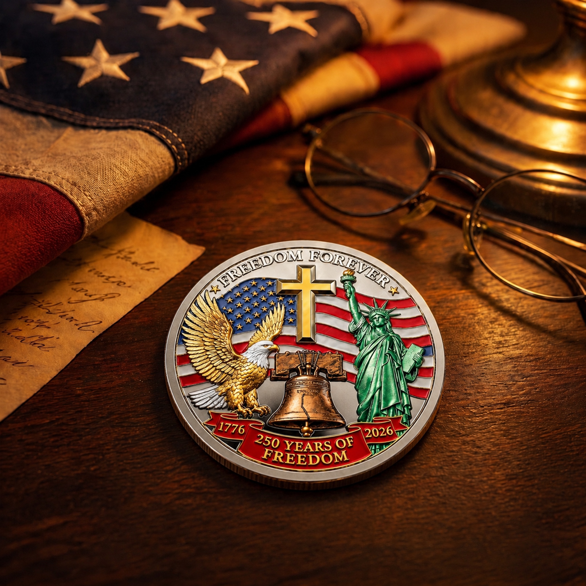 Celebrating America 250 Years of Freedom Challenge Coin