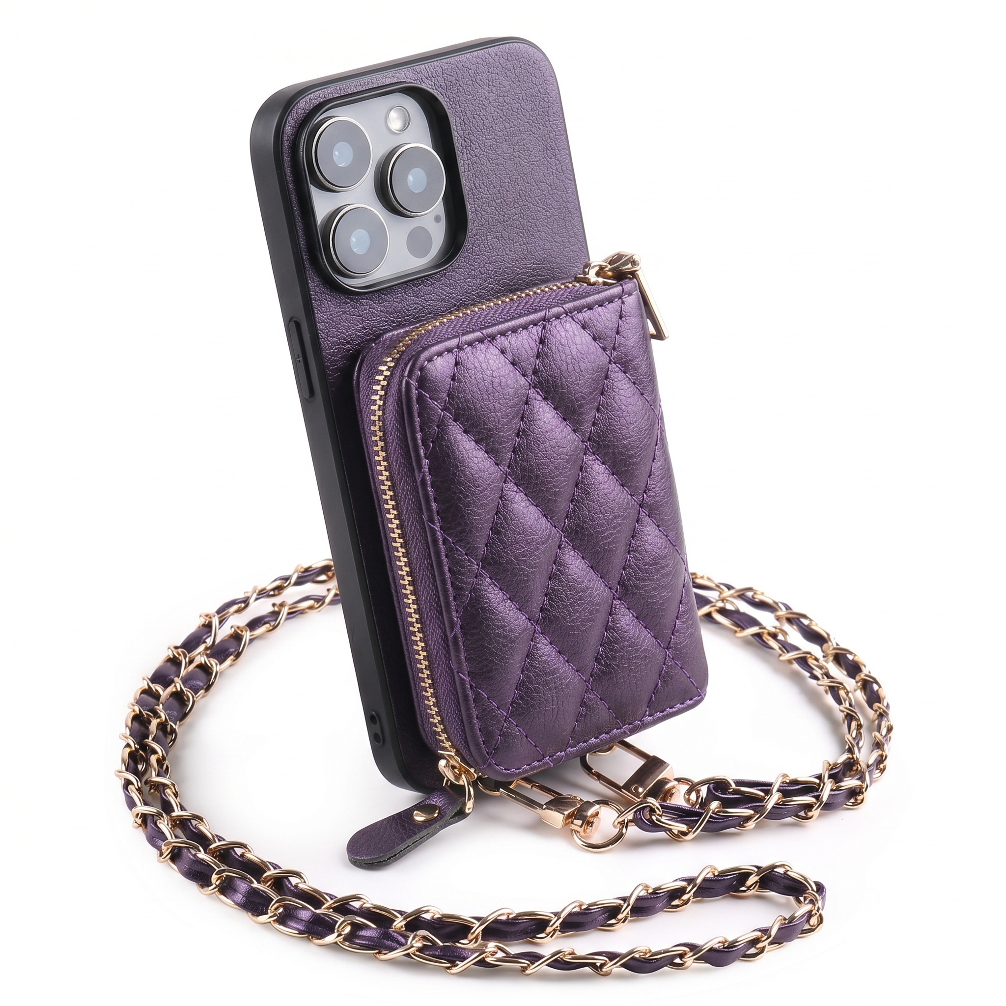 Leather Quilted Wallet Case｜RFID Blocking, Card Slot, Chain & Kickstand