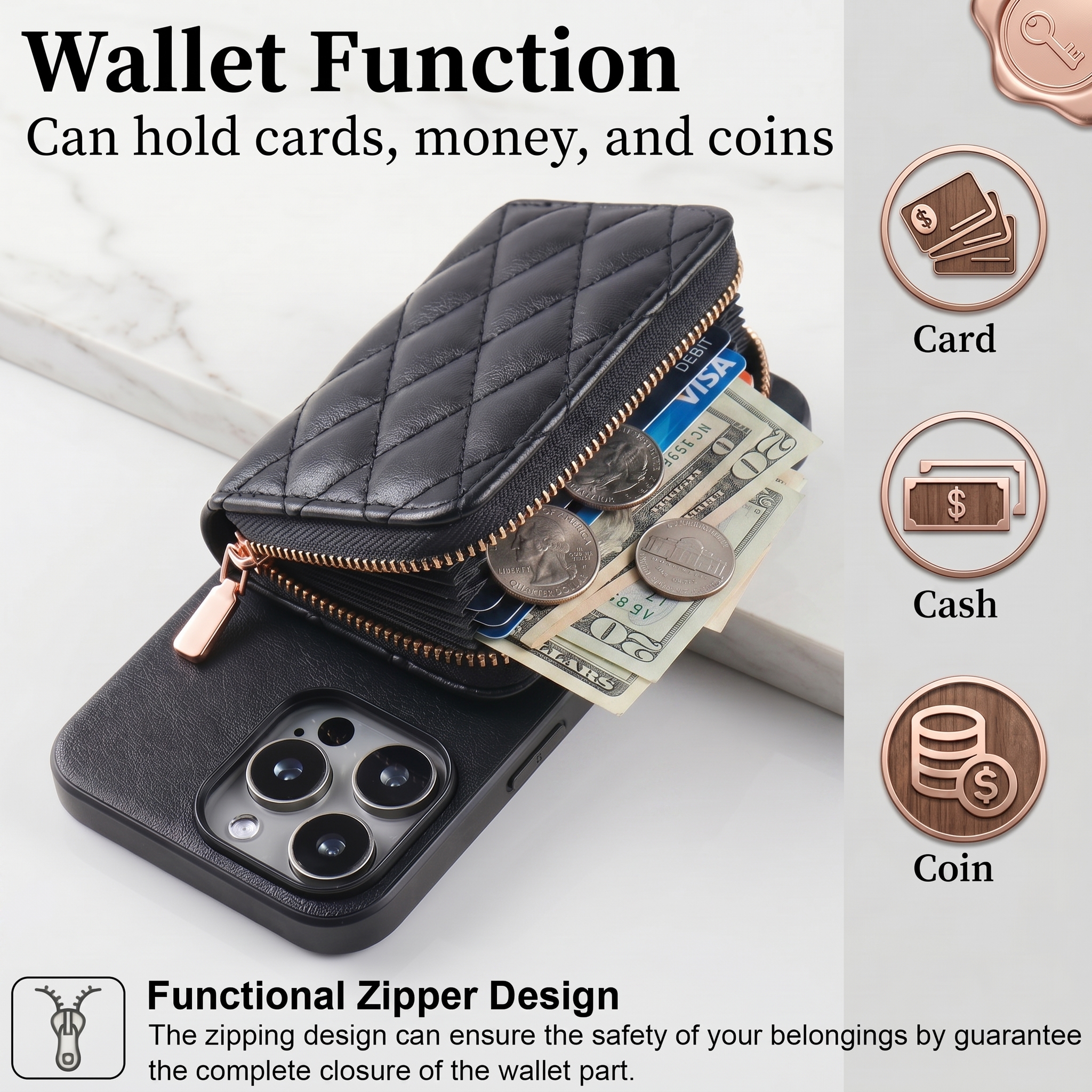 Leather Quilted Wallet Case｜RFID Blocking, Card Slot, Chain & Kickstand