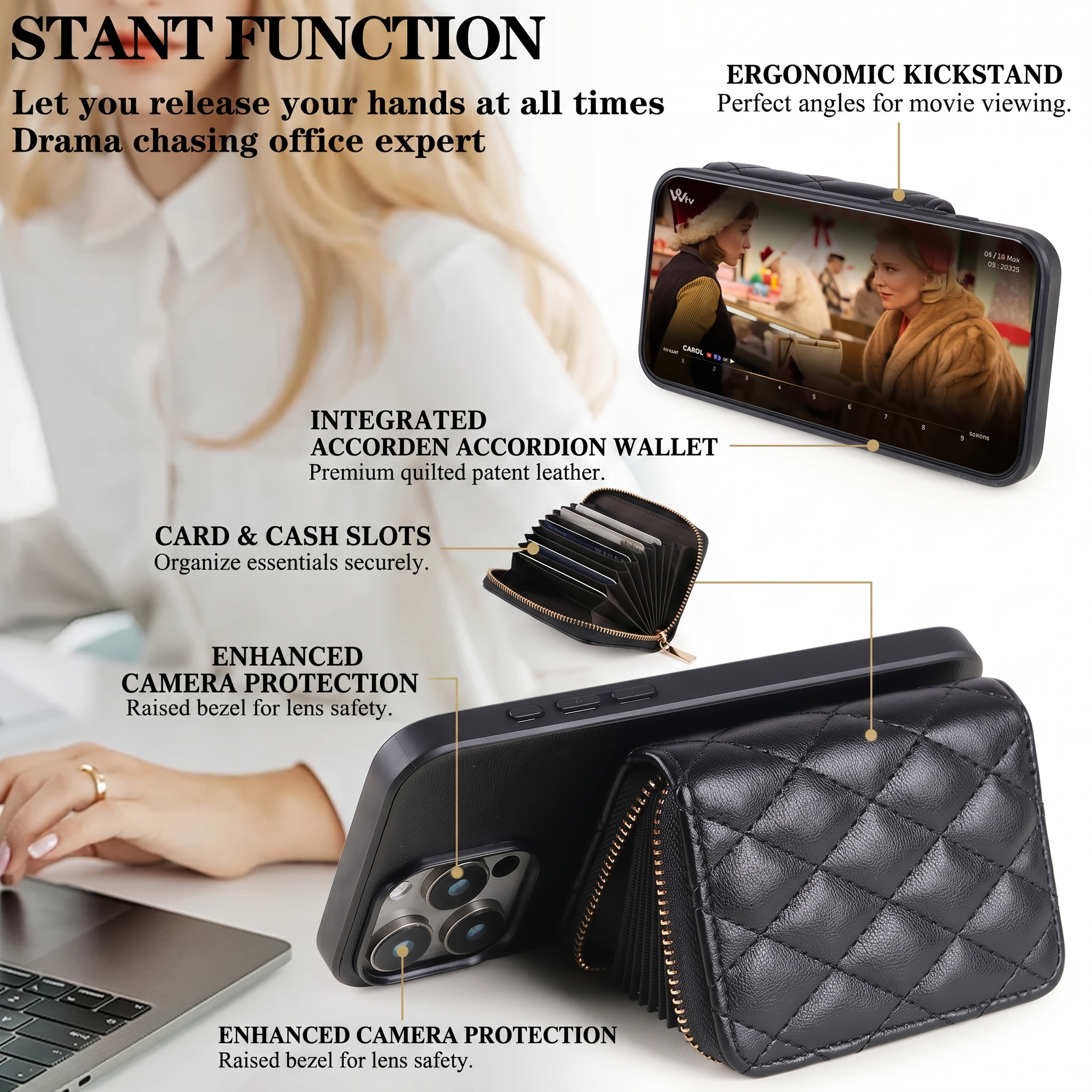Leather Quilted Wallet Case｜RFID Blocking, Card Slot, Chain & Kickstand