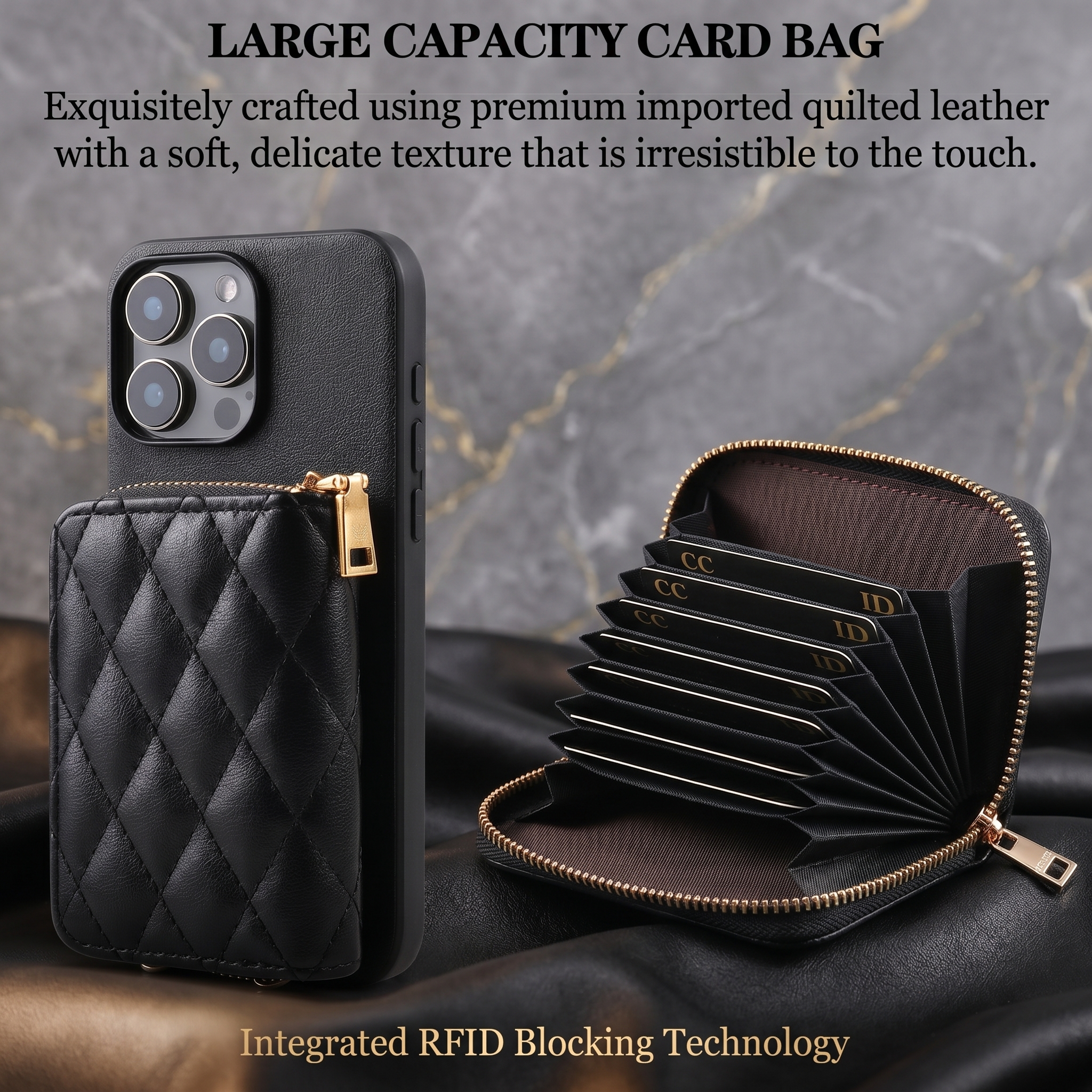 Leather Quilted Wallet Case｜RFID Blocking, Card Slot, Chain & Kickstand