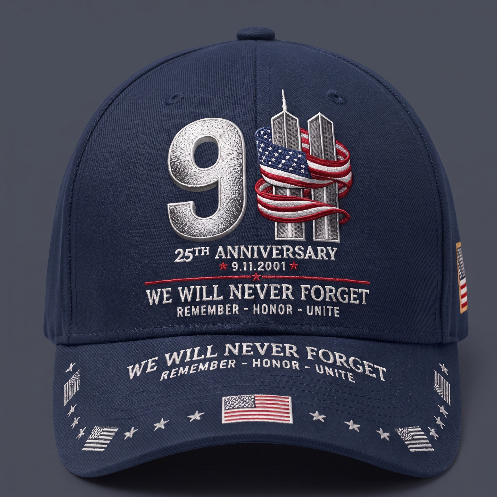 9/11 25th Anniversary We Will Never Forget Embroidered Memorial Baseball Cap