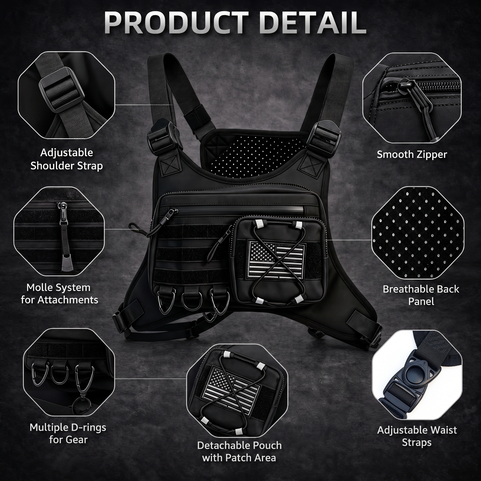 Lightweight Tactical Chest Rig Bag, Reflective Chest Pack for Hiking Cycling Outdoor