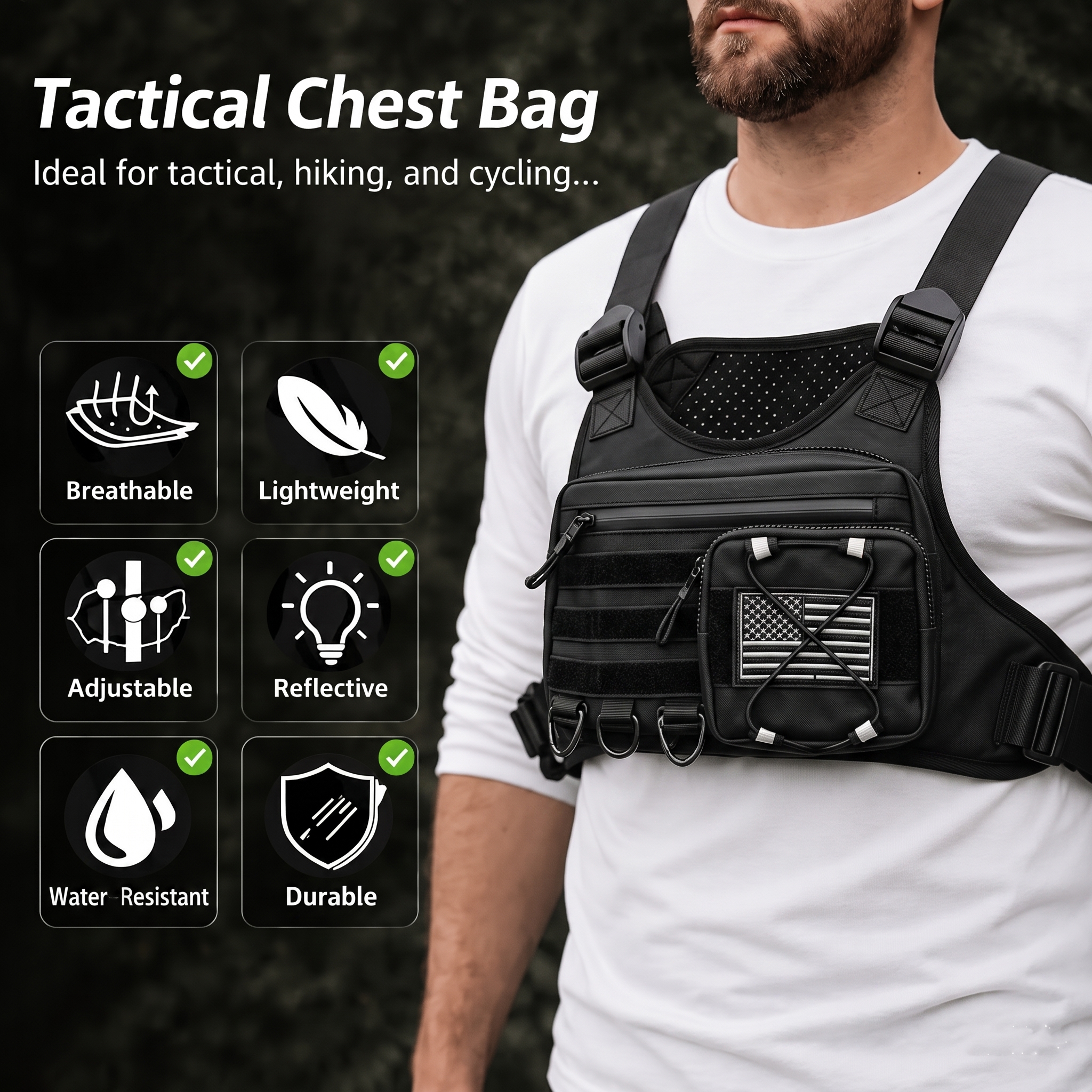 Lightweight Tactical Chest Rig Bag, Reflective Chest Pack for Hiking Cycling Outdoor