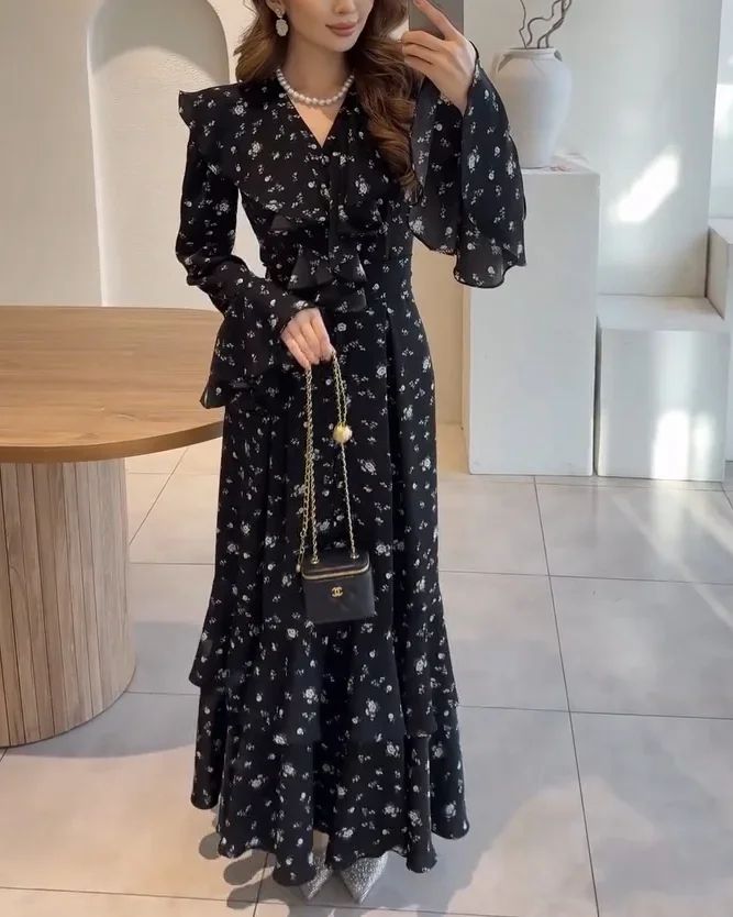 Ladies Elegant Floral Pattern Long Dress