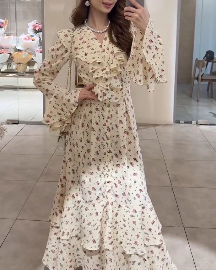 Ladies Elegant Floral Pattern Long Dress