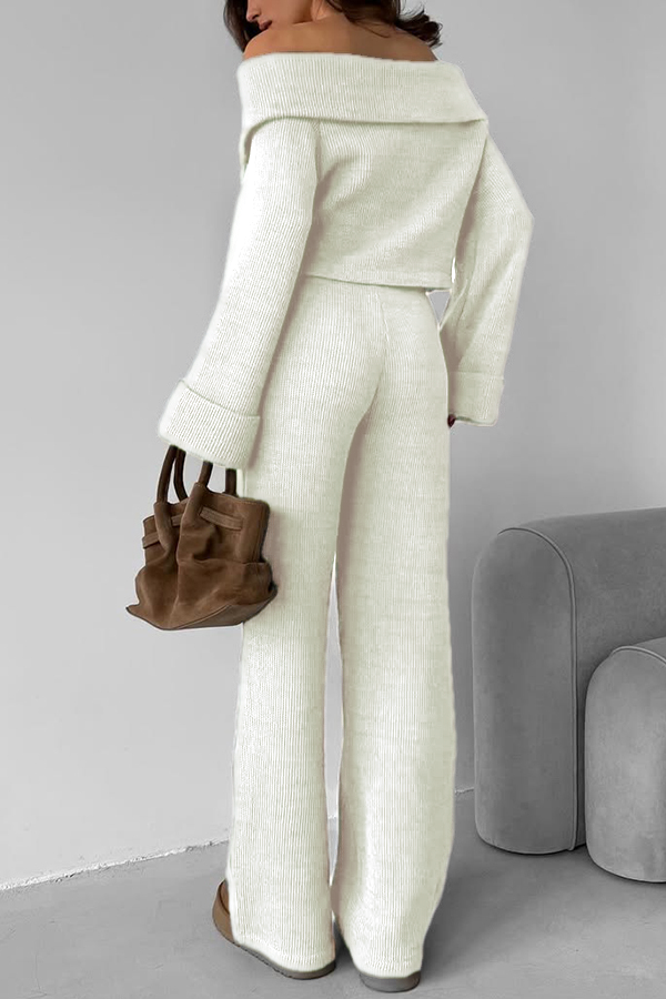 Women Casual Lapel Off-the-Shoulder Zipper Top + Pants Suit