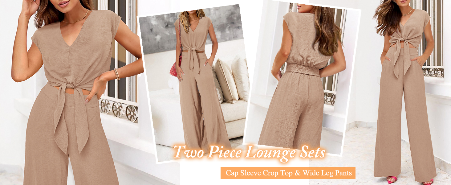 PRETTYGARDEN Women's Summer 2 Piece Outfits 2024 Cap Sleeve V Neck Belted Crop Tops Wide Leg Pant Sets Casual Tracksuit