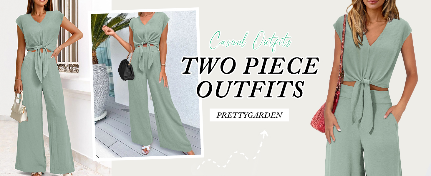 PRETTYGARDEN Women's Summer 2 Piece Outfits 2024 Cap Sleeve V Neck Belted Crop Tops Wide Leg Pant Sets Casual Tracksuit