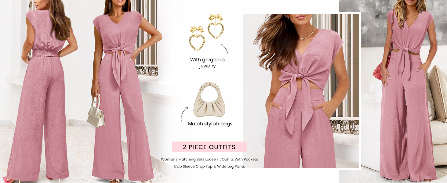 PRETTYGARDEN Women's Summer 2 Piece Outfits 2024 Cap Sleeve V Neck Belted Crop Tops Wide Leg Pant Sets Casual Tracksuit