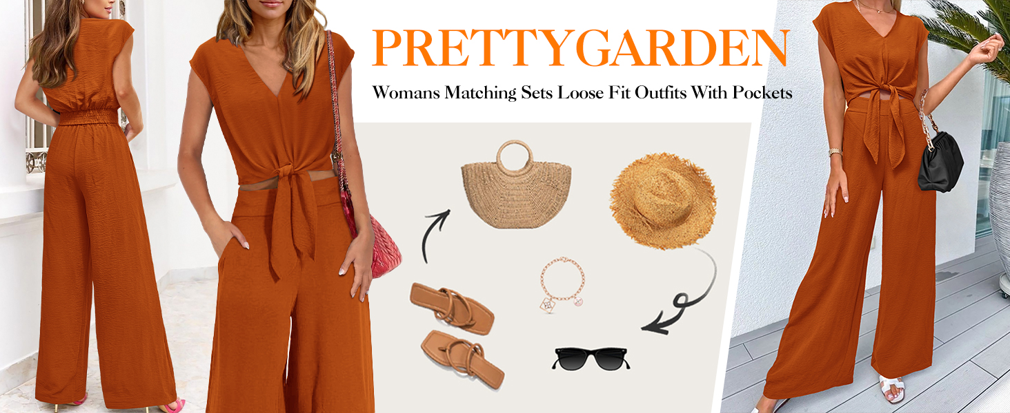 PRETTYGARDEN Women's Summer 2 Piece Outfits 2024 Cap Sleeve V Neck Belted Crop Tops Wide Leg Pant Sets Casual Tracksuit