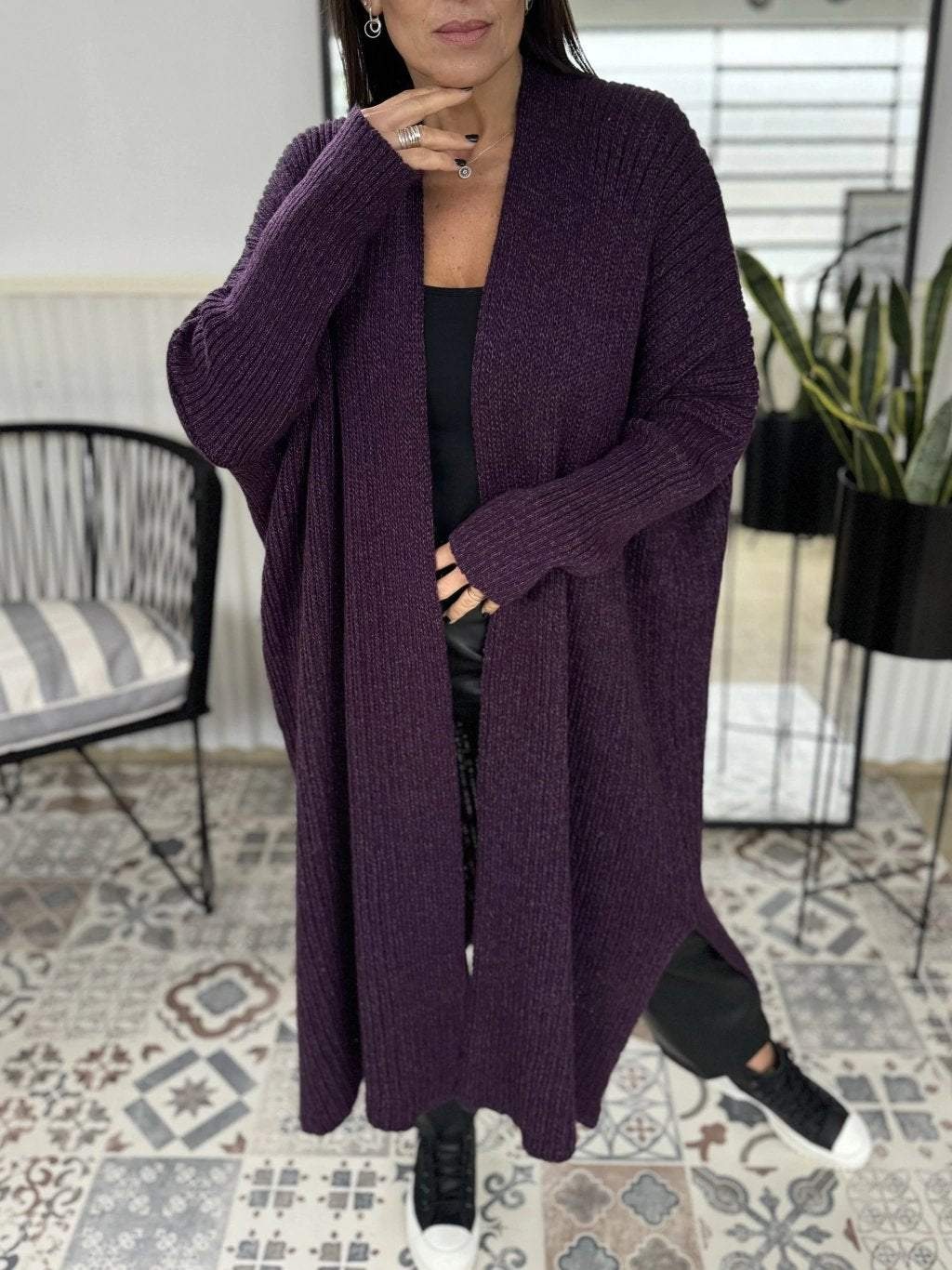 Solid Color Ribbed Knitted Cardigan