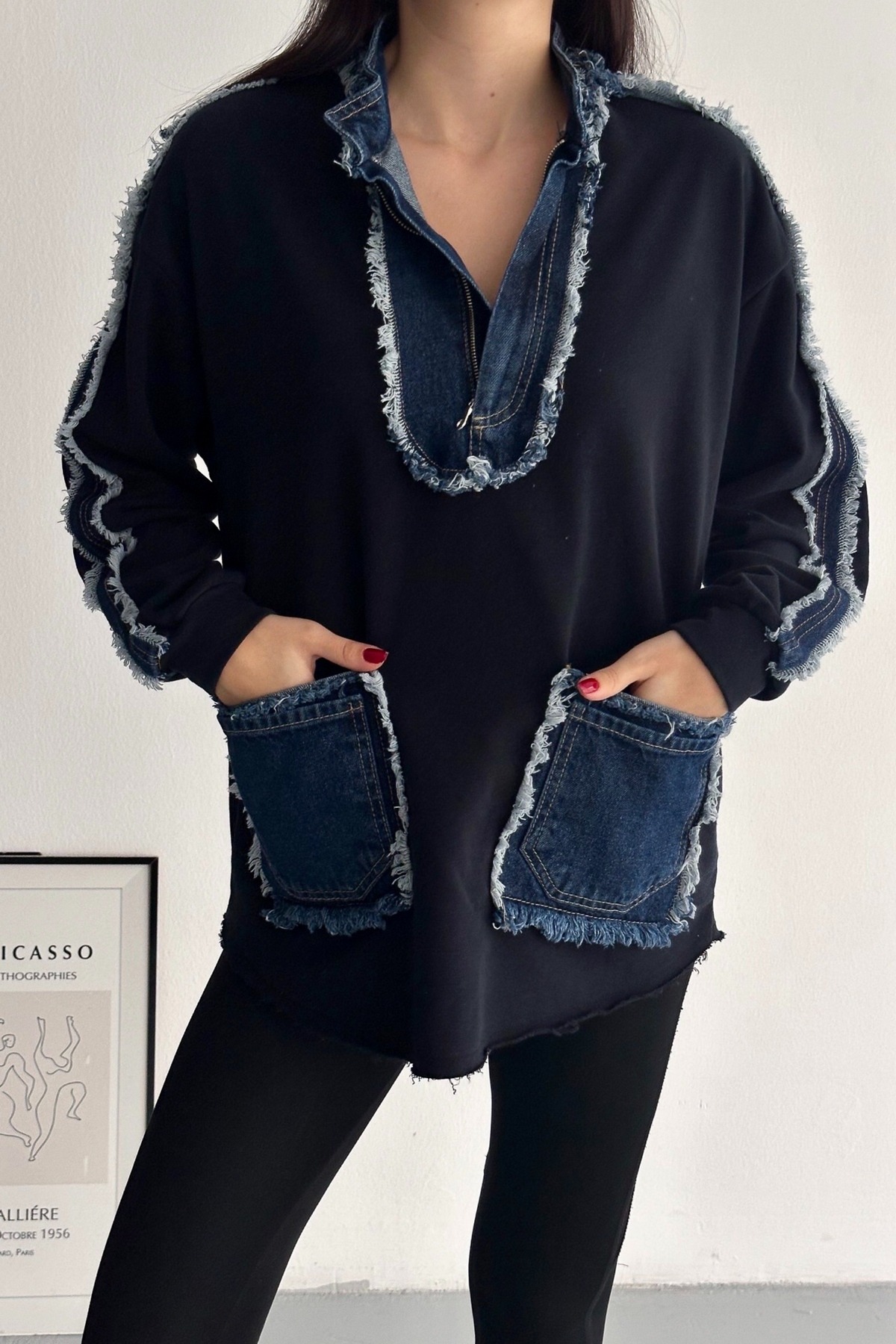 Patchwork Zipper Denim Sweatershirt