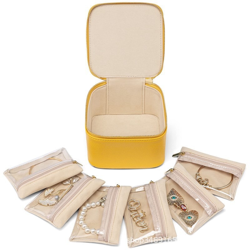 Travel Small Jewelry Case, PU Leather 6 zipper velvet bags for Women Girl