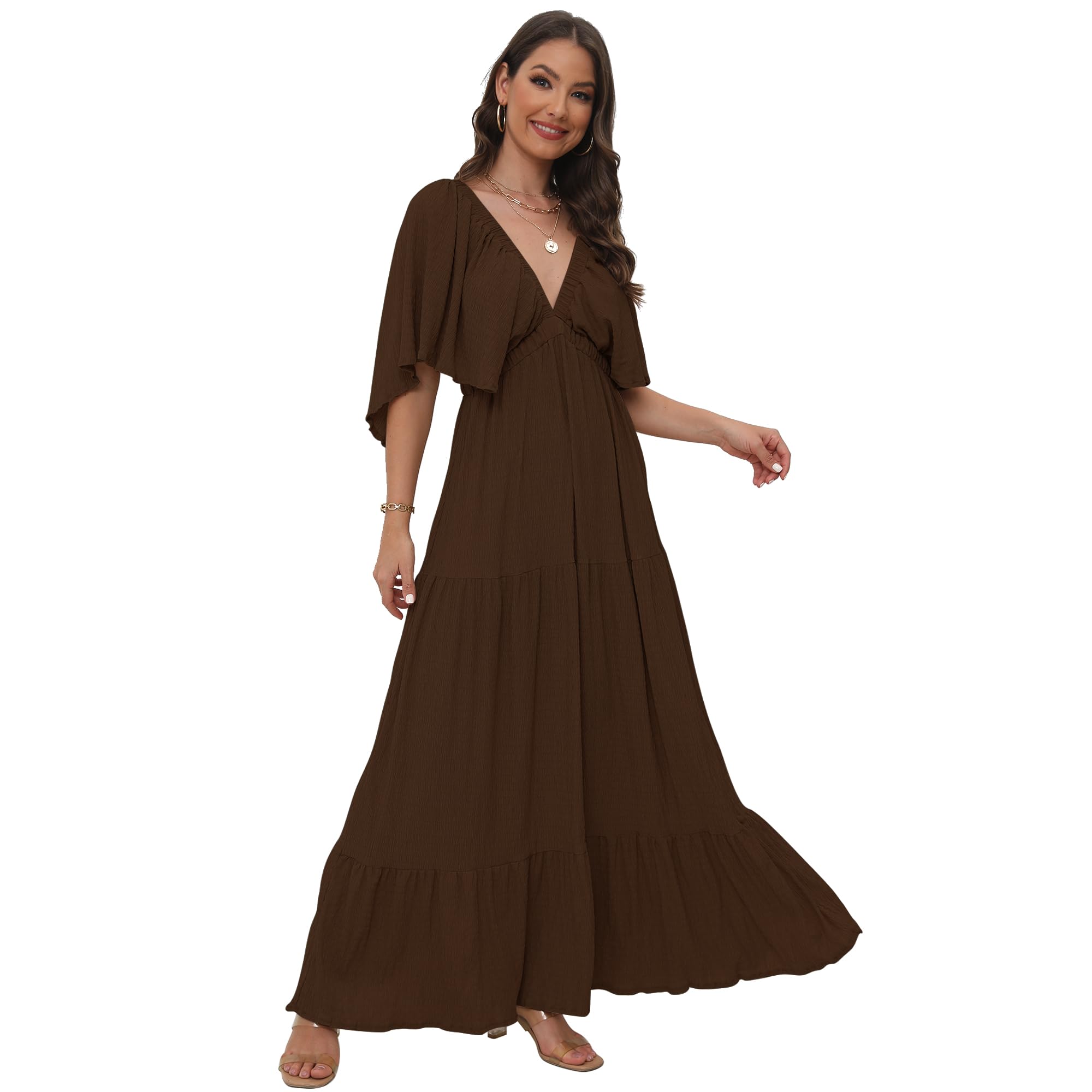 Tiered Silhouette with Flutter Sleeves Maxi Dress