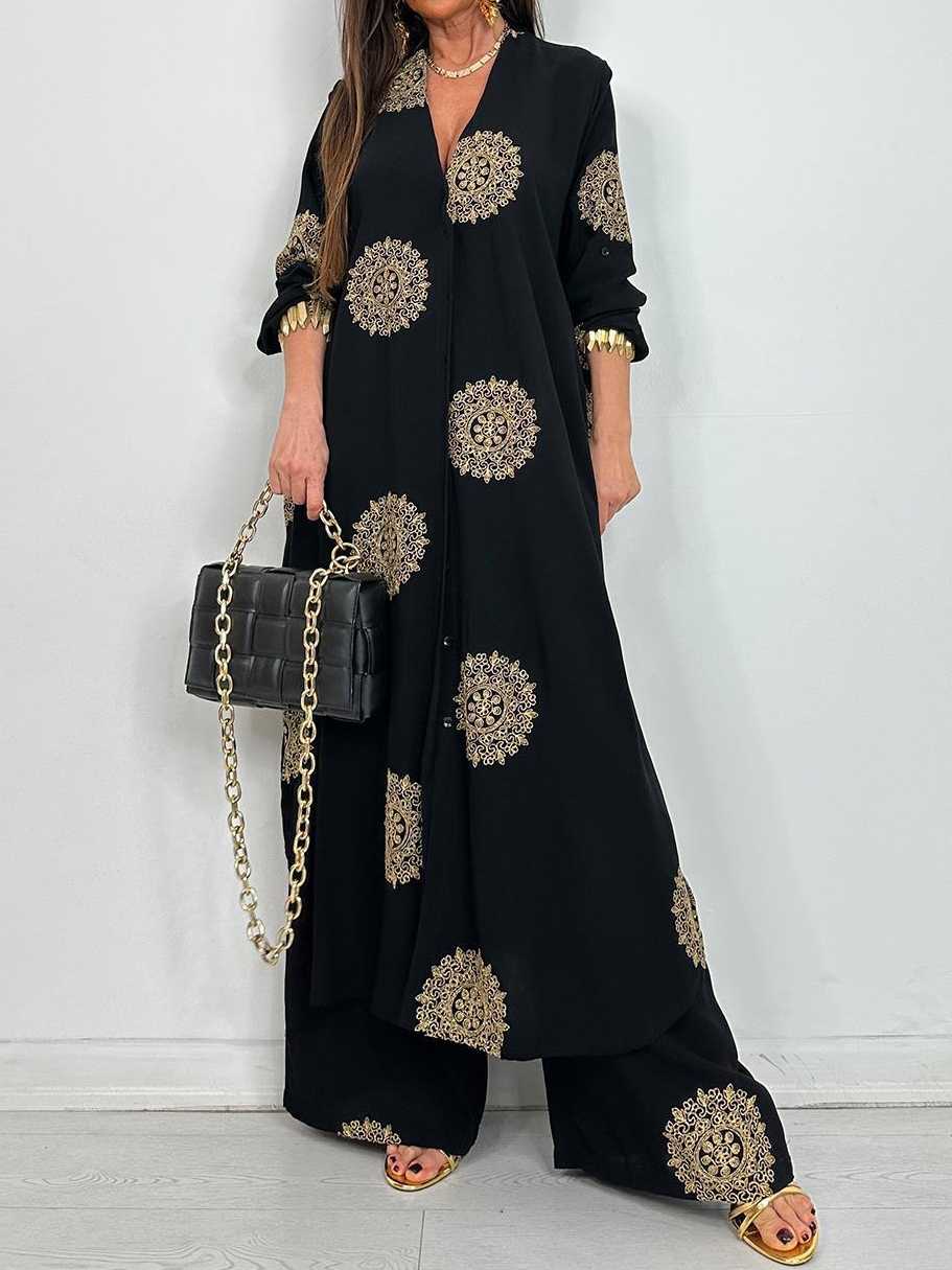 Embroidered Shirt Midi Top And Wide-Leg Pants Set
