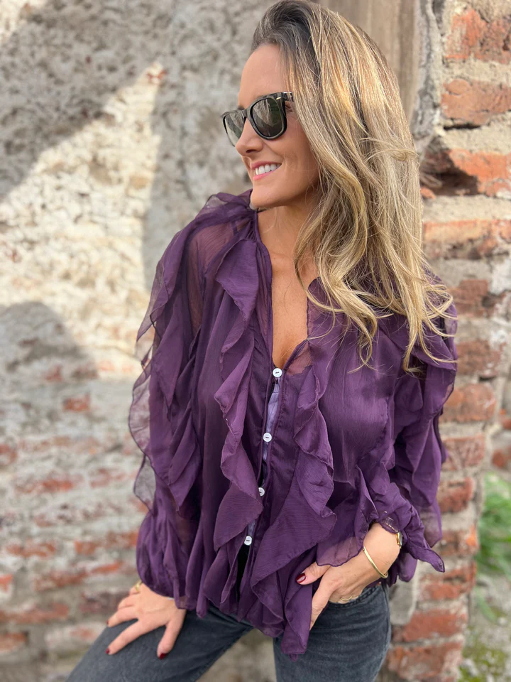 Elegant Ruffle Button Down Dramatic Statement Sleeve Chiffon Blouse