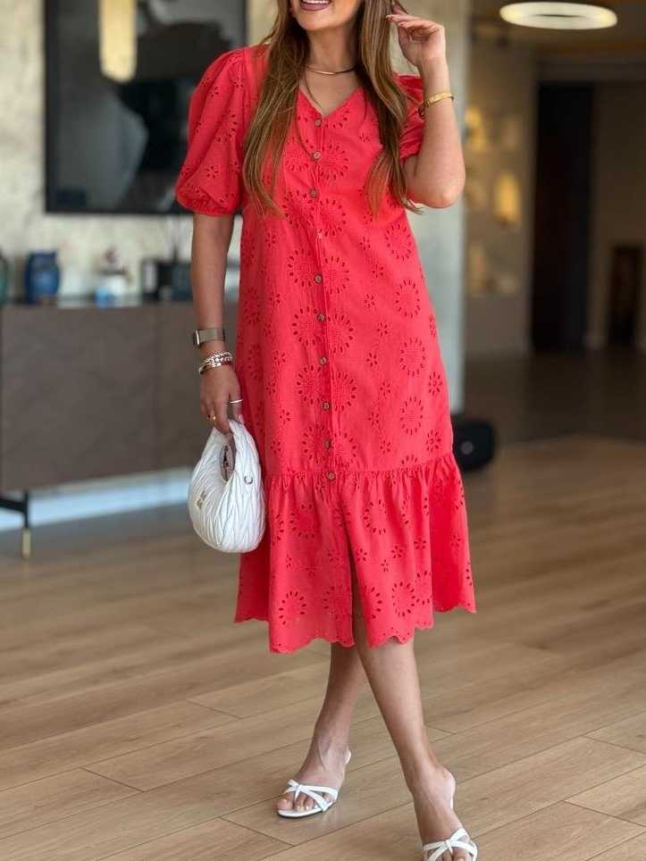Button Front Lined Lace Dress