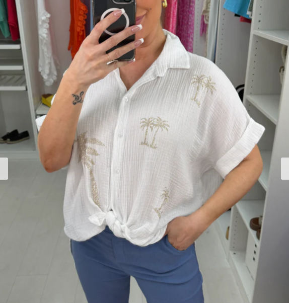 Embellished palm tree denim shirt