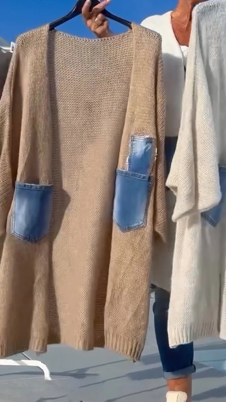 Women Patchwork Denim Pocket Casual Knitted Cardigan