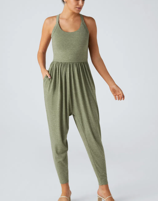 Backless twisted U-neck side pocket harem casual jumpsuit