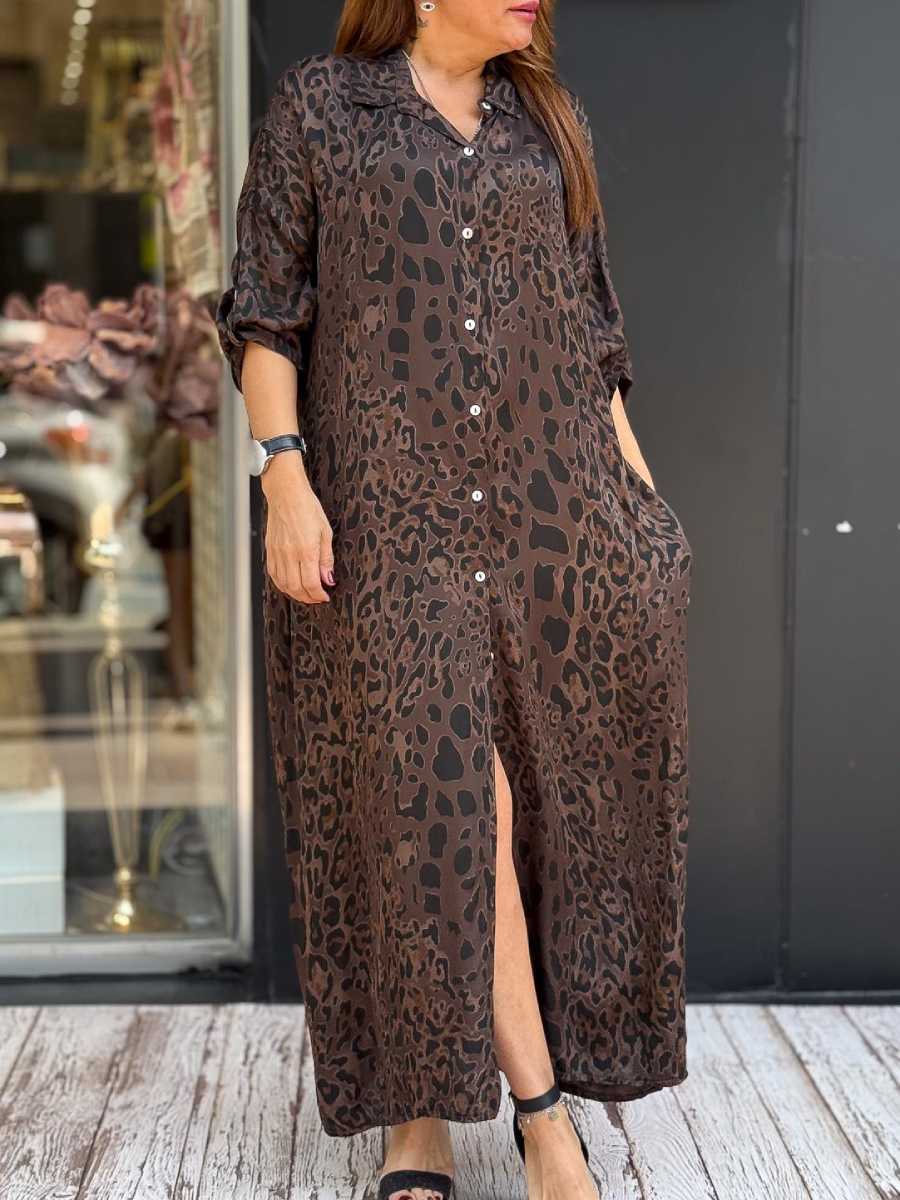 Leopard Print Satin Shirt Dress