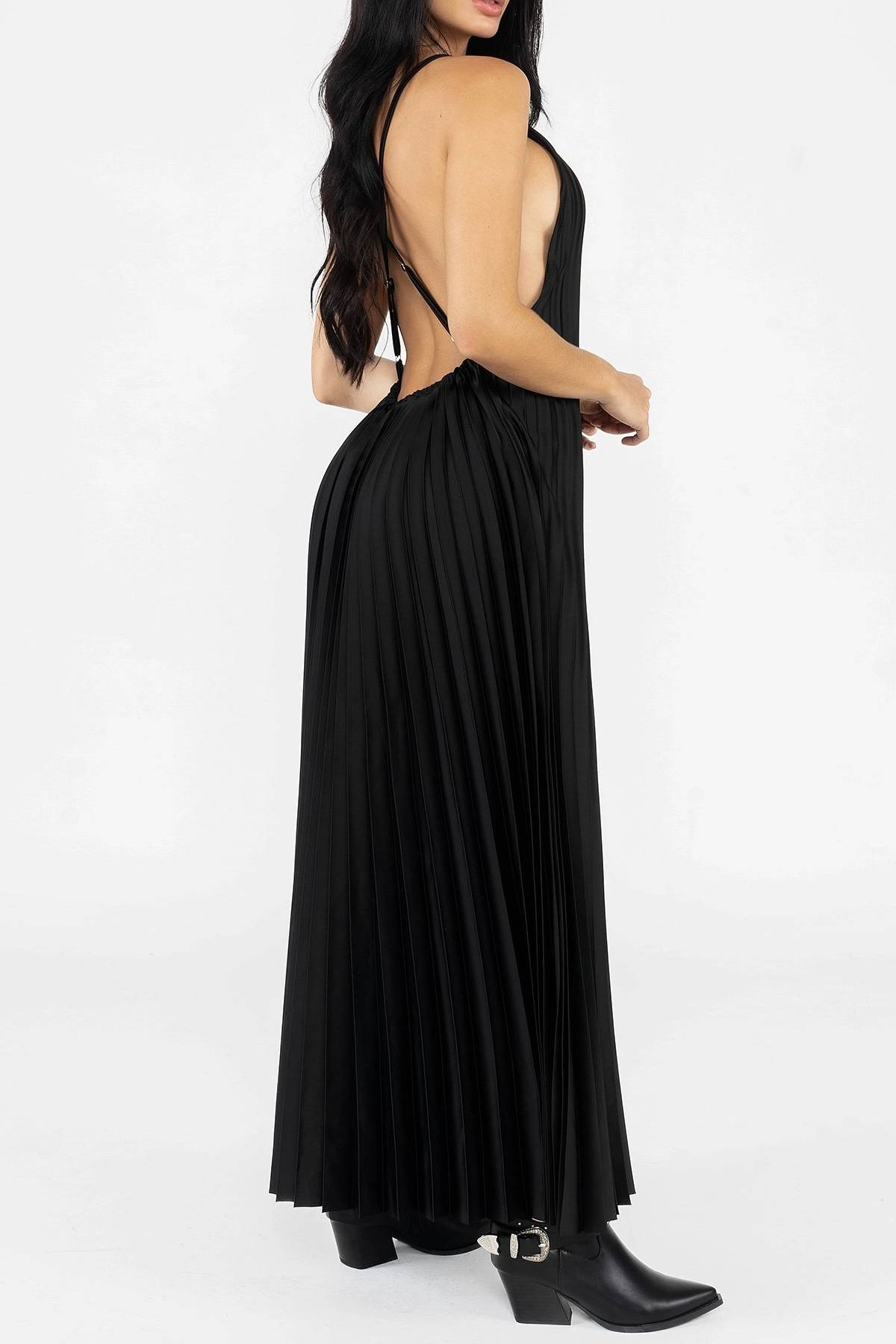 Elegant Black Pleated Maxi Dress with Open Back