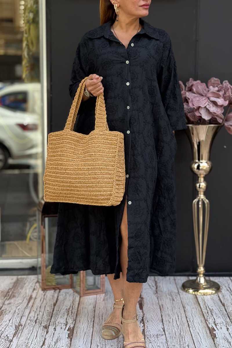 Embossed Floral Detailed Full Length Cotton Shirt Dress
