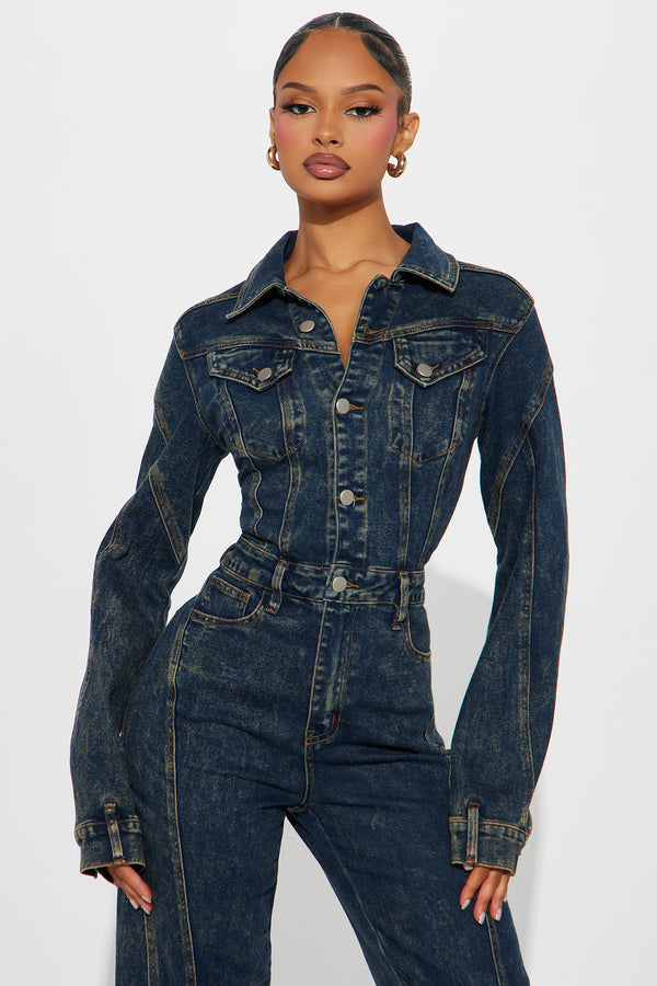 Long Sleeve Button-Down Denim Jumpsuit